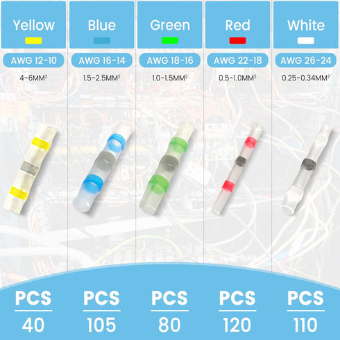 455 PCS Heat Shrink Self Soldering Butt Connector, Solder Seal Wire Connectors Kit, Waterproof Wire Solder Stick Splice Connector for Marine Electrical Automotive (5 Colors/5 Sizes/ 26-10 Gauge)