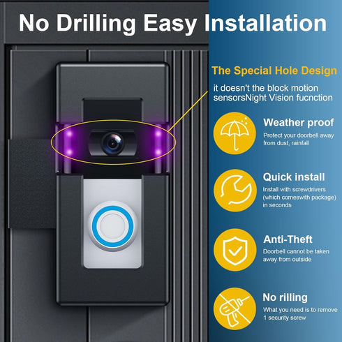 Anti-Theft Video Doorbell Mount Adjustable No-Drill Mounting Bracket for Video Doorbell 1/2/3/3 Plus/4/2023 Release Not Block Doorbell Motion Sensor for Home Apartment Office Room Rentals (Black)