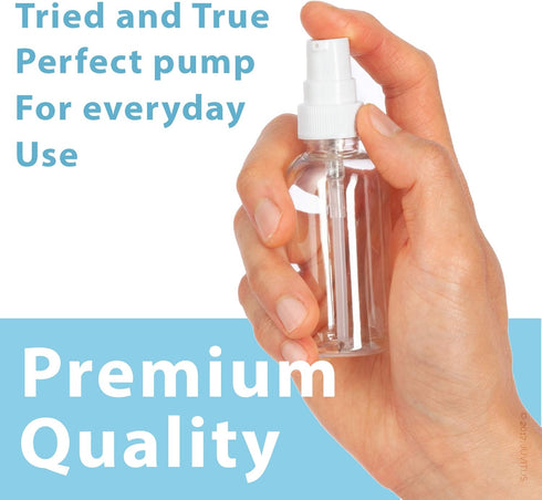 JUVITUS 2 oz / 60 ml Clear Plastic PET Boston Round Bottle, BPA Free with White Treatment Pump (12 pack)