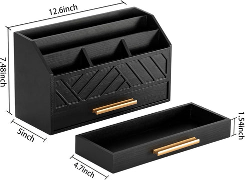 Black Wood Desk Organizer with Drawer, Bill Mail Organizer and File Holder for Office Supplies, Modern Desk Accessories