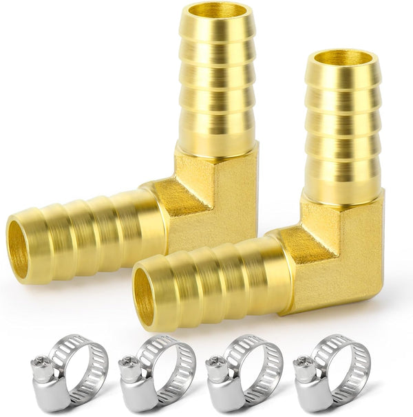 GASHER 2 Pieces Brass Hose Barb Reducer, 1/2 Inch to 1/2 Inch 90 Degree Elbow with 4 Hose Clamps