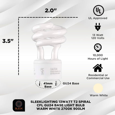 13Watt T2 GU24 2 Bulb 2700K 900lm 120v 60Hz Bulb- 4pack SLEEKLIGHTING Spiral CFL Prong Light Base -UL Approved Light