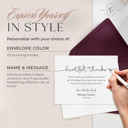 Curio Press Funeral Thank You Cards with Envelopes, Custom Stationery with Name & Prewritten Message Sympathy Cards