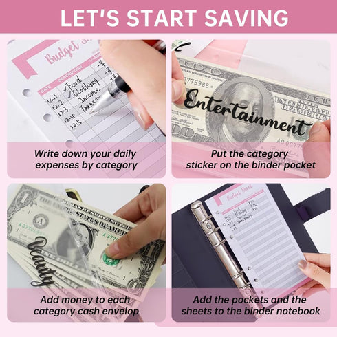 Budget Binder, Cute A6 Money Saving Binder with Zipper Envelopes, PU Leather Organizer for Cash and Expenses