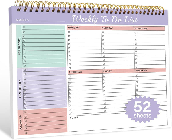 Weekly To Do List Notepad with 52 Undated Sheets, 8.5"×11" Desk Planner Pad for Office and Home