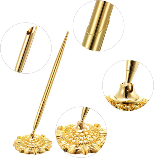 Outus 2 Pieces Wedding Pens for Guest Book Signing, Metal Hollow Round Holder Stand Set for Wedding Supplies