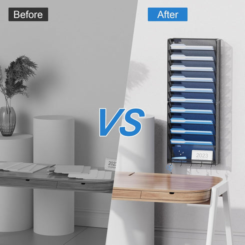 OUTWOLF Hanging Wall File Organizer, 12 Tier Vertical Mount Holder for Office Paper and Documents