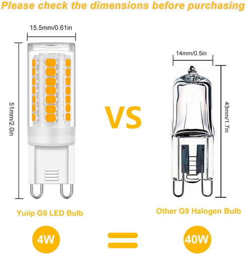 YUIIP G9 LED Light Bulb 4W Equivalent 40W Halogen Bulbs, G9 Base, Warm White 3000K, 400LM Lamp, AC 120V CRI 83 for Home Lighting, Ceiling Fan, Chandelier, Non Dimmable (6 Pack)