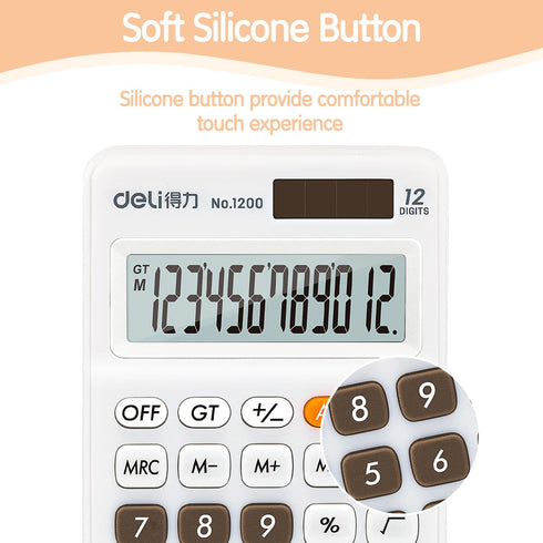 deli 12 Digit Standard Function Basic Calculator, Large LCD Display, Dual Power Office Calculator, White
