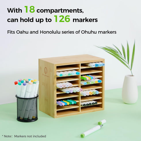 Ohuhu Bamboo Marker Organizer, Wooden Desktop Storage for 126 Markers, Pens, and Art Brushes