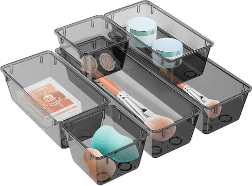WOWBOX 6 Pack Clear Drawer Organizer Set, Acrylic Storage Trays for Makeup, Cosmetics, Jewelry, Office, Black