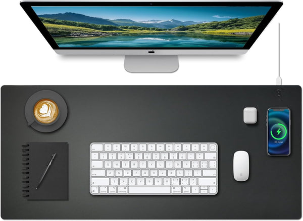 Desk Mat with Wireless Charging, Black Mouse Pad with Charger, Large Leather Computer Mouse Pad for Keyboard and Mouse