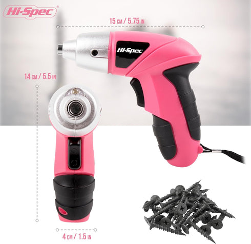 Hi-Spec Electric Screwdriver 27pc 3.6V Pink USB Small Power Screwdriver Set, Rechargeable with Driver Bit Set
