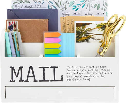 Juvale White Mail Organizer for Desktop, 3-Tier Wooden Sorter with Drawer for Files