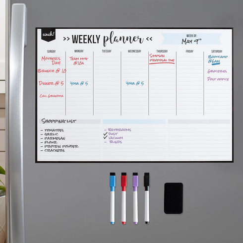 cinch! 17x12-Inch Magnetic Weekly Planner/Calendar for Fridge - Stain Resistant Dry Erase Whiteboard with Markers