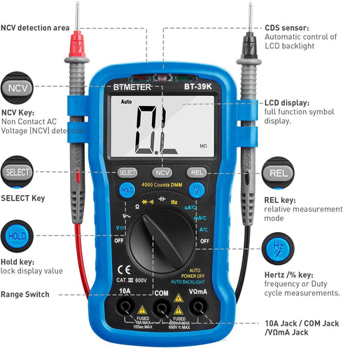 BTMETER BT-39K Multimeter with Case, 4000 Count Autoranging DMM for AC/DC Current
