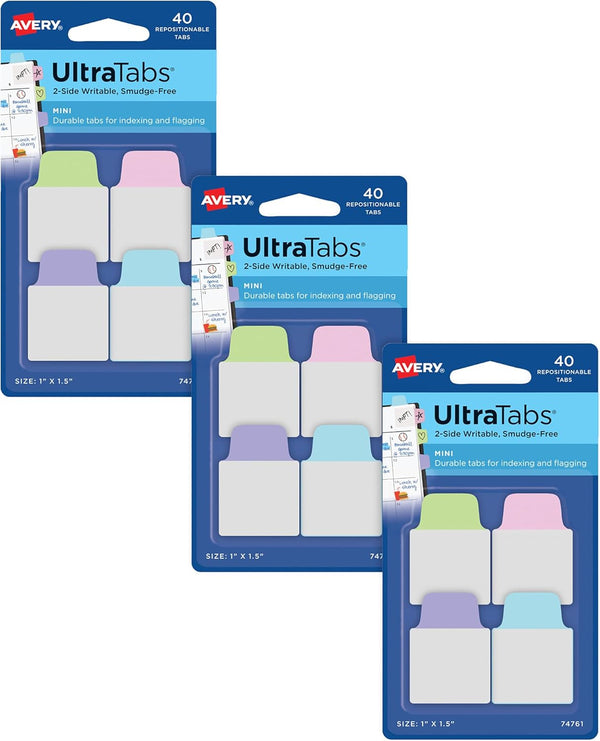Avery Ultra Tabs: Mini Tabs, 1" x 1.5", 2-Side Writable, Assorted Pastel Colors, 40 Tabs Per Pack, 3-Pack Total