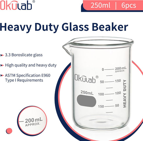 Glass Beakers, Heavy Duty, with Double Scale Printed Graduation. 6pcs of Vol.250ml, HBKG250A6