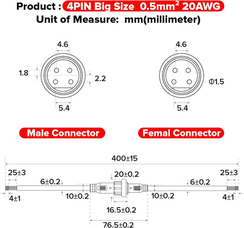 BTF-LIGHTING 4 Pin Electrical Connector 20AWG IP65 Male Female Connector 7.87in/20cm Extension Cable for LED Strip