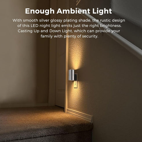 3000K, Dimmable Bedroom,2 Pack L LOHAS LED Night Light, Night Lights Plug into Wall, Smooth Silver Glossy Plating