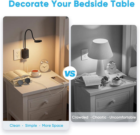 Dimmable 3 Plug in LED Book Reading Light, Black LED Wall Sconce Lamp with Power Plug and Outlet Extender for Kitchen