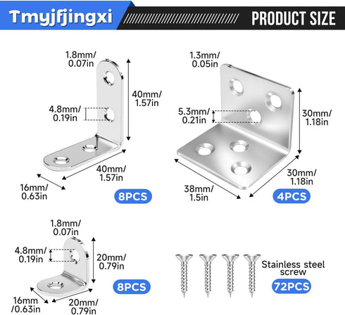 3Sizes (1.5x1.2x1.2inch 1.57x1.57x0.63inch 0.79x0.79x0.63inch) 92Pcs/20Sets YY026-S Silver L Brackets for Shelves L