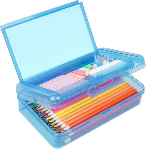 Large Capacity Plastic Pencil Box, Double Layer Pencil Case for Kids and Adults, Hard Crayon Box Storage (Blue)