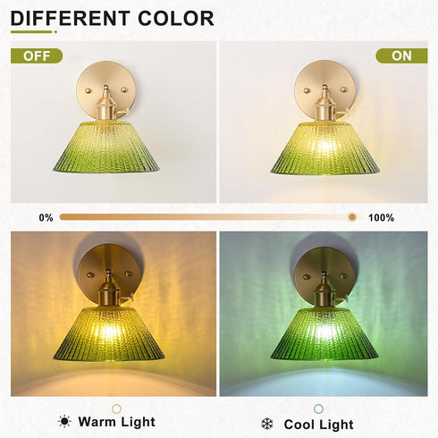 Hardwired Wall Sconce Light, Vintage Wall Sconce with Switch, Gold Wall Light Fixture with Gradient Green Glass