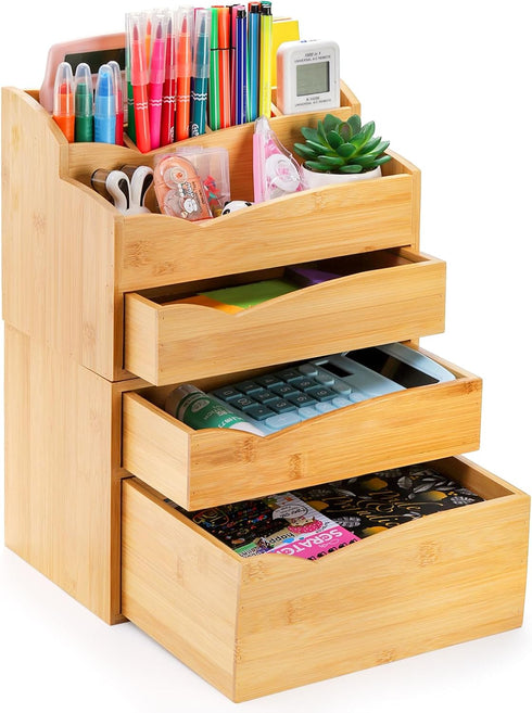 Yopay 2 Pack Bamboo Desk Organizer, Stackable with 3 Drawers, 100% Bamboo for Stationery, Makeup Vanity, Fully Assembled