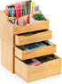 Yopay 2 Pack Bamboo Desk Organizer, Stackable with 3 Drawers, 100% Bamboo for Stationery, Makeup Vanity, Fully Assembled