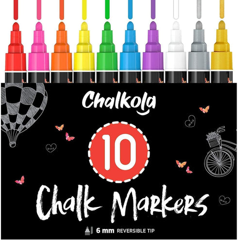 Chalkola Liquid Chalk Markers Erasable (10 Pack) with Gold & Silver - Washable Paint Pens for Signs & Windows
