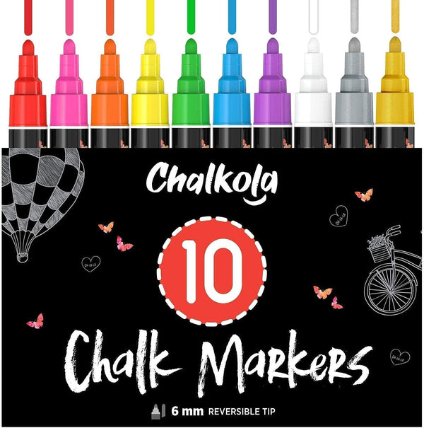 Chalkola Liquid Chalk Markers Erasable (10 Pack) with Gold & Silver - Washable Paint Pens for Signs & Windows