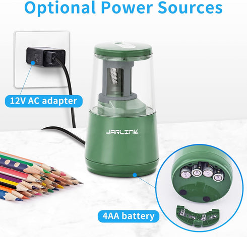 JARLINK Electric Pencil Sharpener, Heavy-Duty Helical Blade for Fast Sharpening, USB/Battery Operated, Green