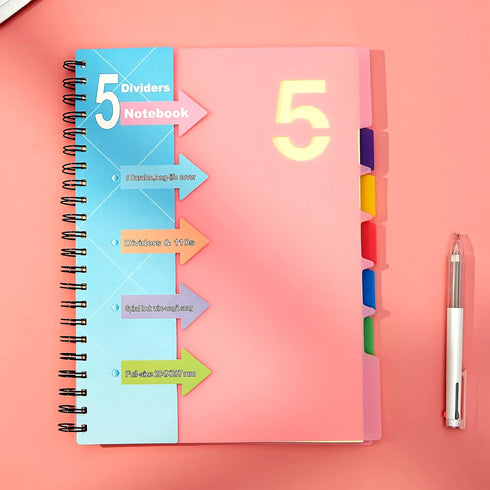 CAGIE Pink Spiral Notebook, 8.5 x 11 with Dividers, 220 Pages, 5 Subject Notebook with Tabs, Hardcover A4 Journal