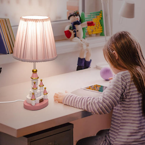 HERBESTBAY 14 Inch Bulb Kids Table Lamp, Adorable Castle Style Kids Desk Lamp, Pink Bedside Lamp Ideal for Girls