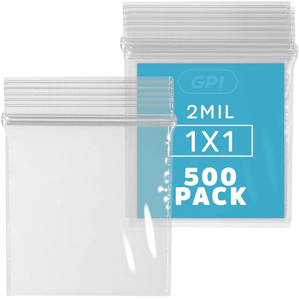 GPI Pack of 500 Clear Plastic Jewelry Zip Bags - 1" X 1" 2 Mil Thick, Reclosable Poly Baggies