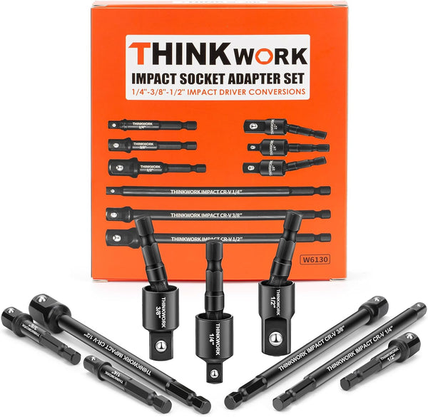 THINKWORK 9-Piece Impact Socket Adapter Set, 1/4" 3/8" 1/2" Drill Socket Adapter for Cordless Drill