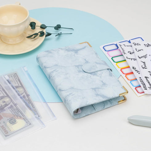 A6 Budget Binder Leather Cash Envelopes Money Saving Binder with Zipper Envelopes for Budgeting Blue