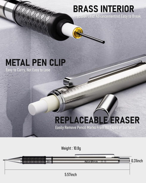 Nicpro 0.9mm Mechanical Pencil Set with Case, 3PCS Metal Pencils, 6 Tubes HB #2 Lead Refill