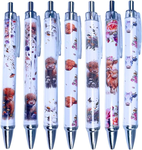 YJ PREMIUMS 7 PC Cow Pens | Cute Highland Cow Print Floral Kawaii Aesthetic School Office Supplies