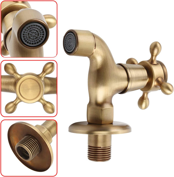 Wall Mounted Faucet, Vintage Solid Brass Single Cold Antique Lever Handle Water Tap for Kitchen Sink Laundry Utility