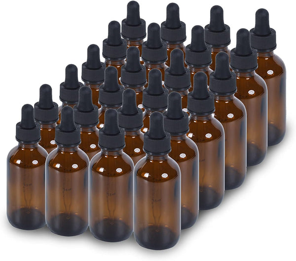 24 Pack Amber Glass Dropper Bottles - 1 oz Boston Bottles with Eye Droppers and Black Caps for Essential Oils