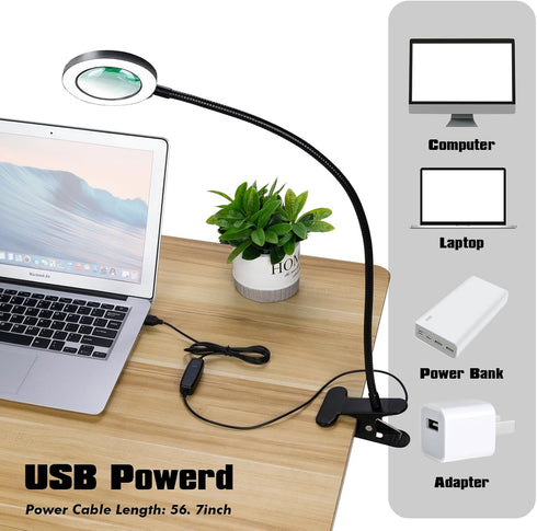 Desk Magnifying Glass with Light 5X, Clip on Desk Light with 3 Light Colors, 5W LED Desk Lamp with Clamp