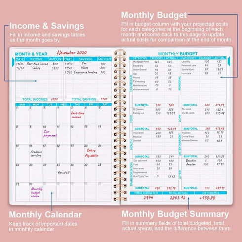 Budget Planner - Monthly Finance Organizer with Expense Tracker Notebook, A5, Rose, 1 Year Use