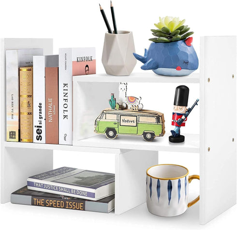 Expandable Wood Desktop Bookshelf - Office Storage Rack, Wood Display Shelf, Corner Desk Storage Shelf