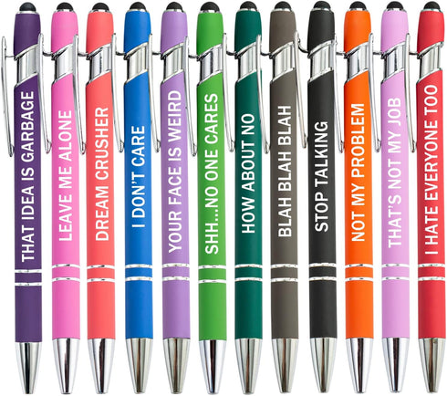 PASISIBICK 12 Pieces Funny Sarcastic Ballpoint Pens - Office Snarky Touch Screen Stylus Pen, Black Ink (12 Color,