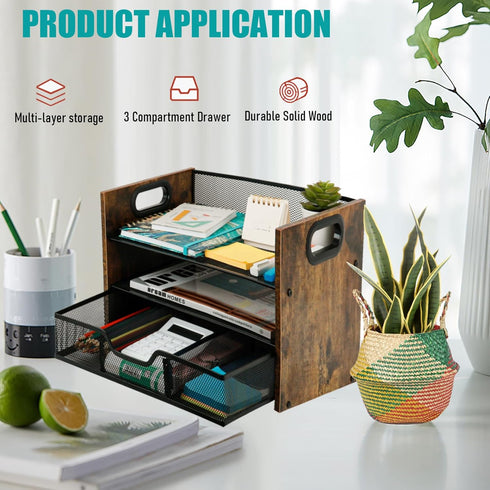 Wood Desk Organizer with Drawer, Paper Tray, File Organizer, Document Organizer for Office Accessories Storage