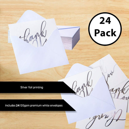 Bargain Paradise 24 3.75'' 5'' PCS Silver Thank You Cards With Envelopes- Elegant Appreciation Cards With Thank you