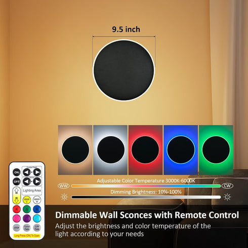 Dimmable,9 Room(9.5 Wall Lights Battery Operated Wall Sconces,Black Rechargeable Solar Eclipse Style Wall Light