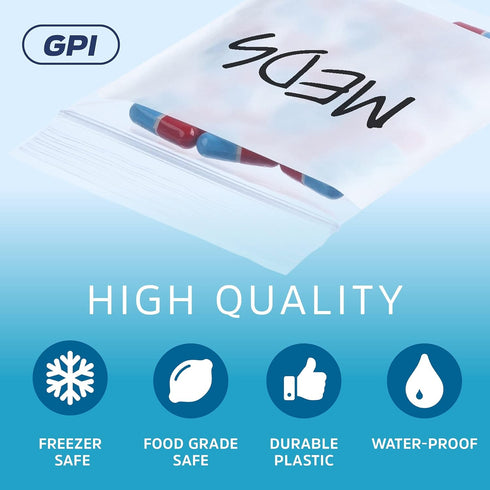 GPI - 2" x 3" - Bulk Pack of 100, 4 Mil Thick Clear Plastic Reclosable Zip Bags with Write-on White Block
